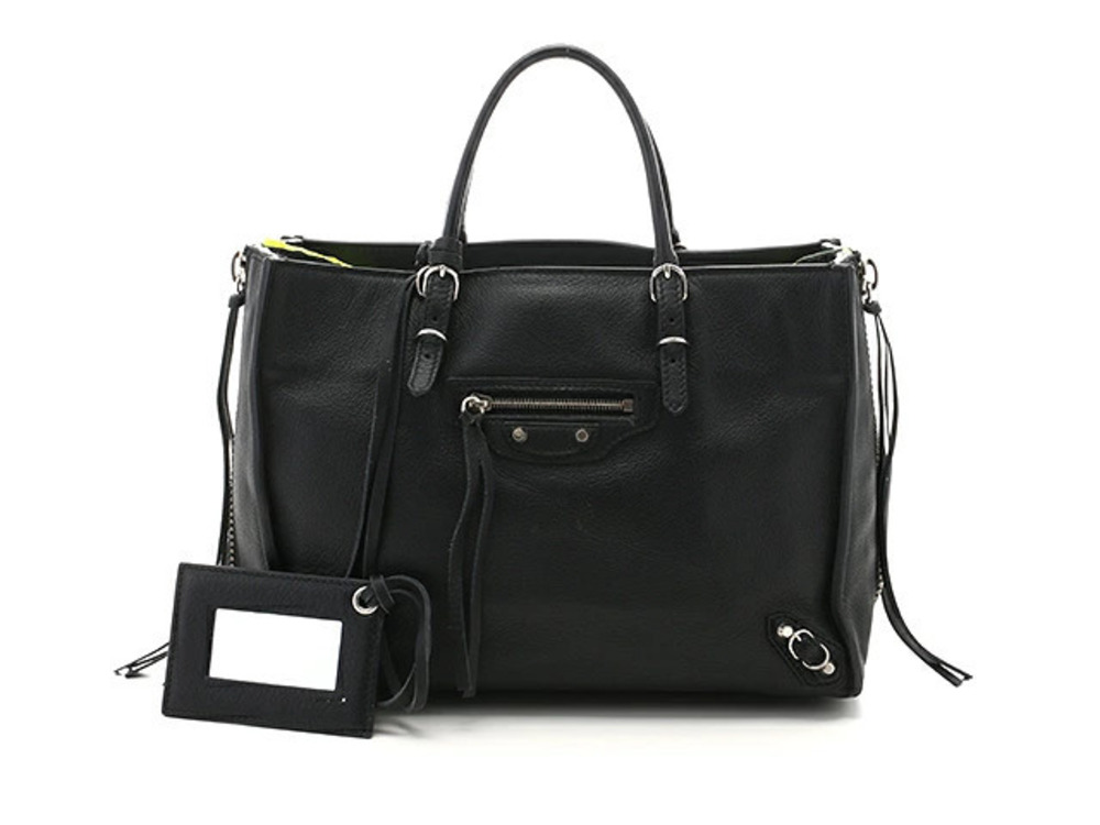 Balenciaga Paper Tote Bag Calfskin Black Fluorescent Yellow